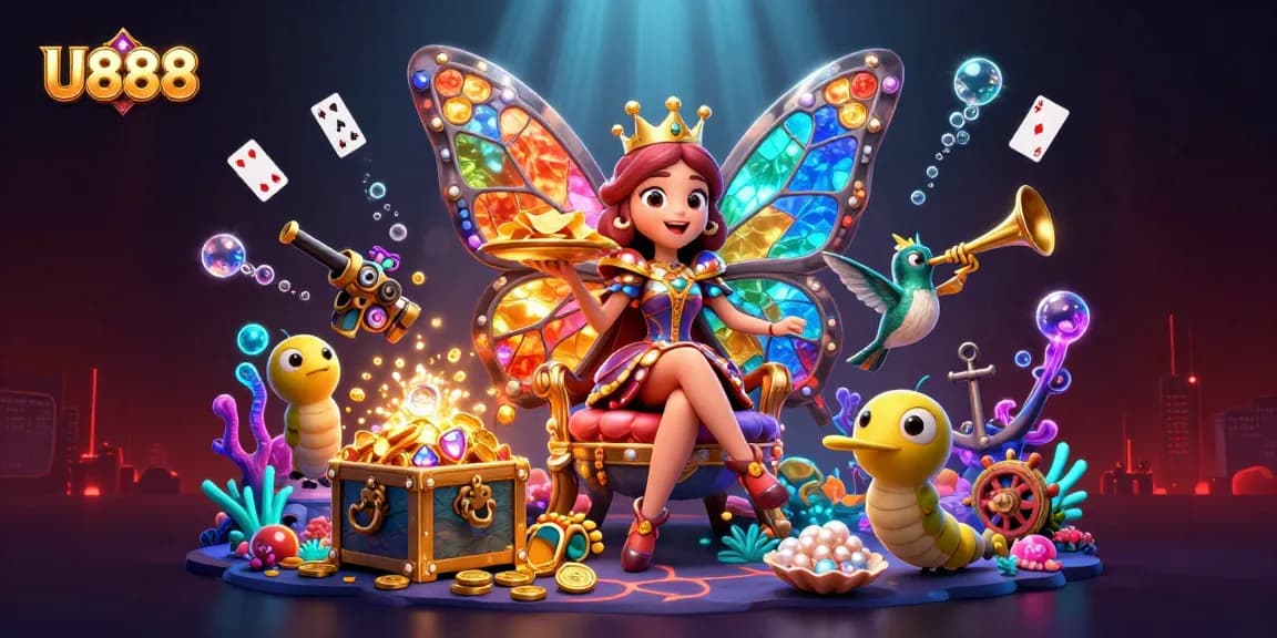 Experience the vibrant world of U888 with a colorful 3D scene featuring unique casino elements and characters.
