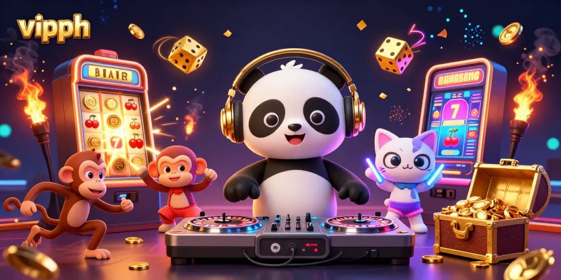 Experience the thrill of vipph with a vibrant casino scene featuring DJ panda, dancing monkey, and rave kitten.