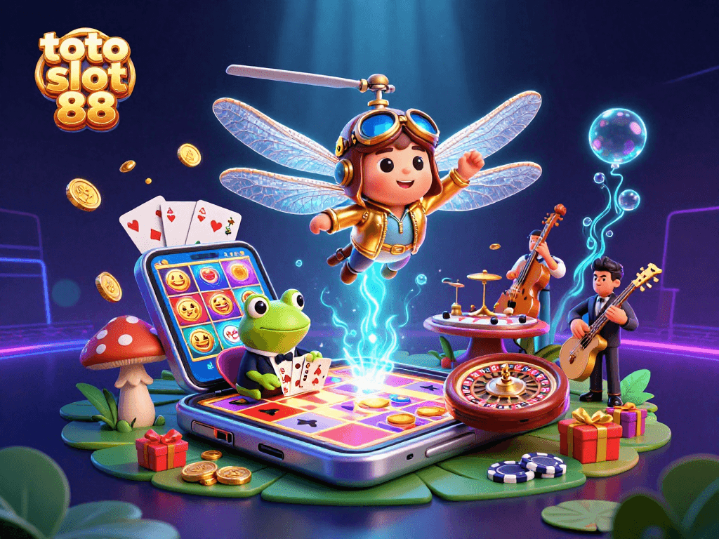 Experience thrilling gameplay with toto slot 88 in a vibrant 3D casino illustration featuring exciting characters and dynamic gaming elements.