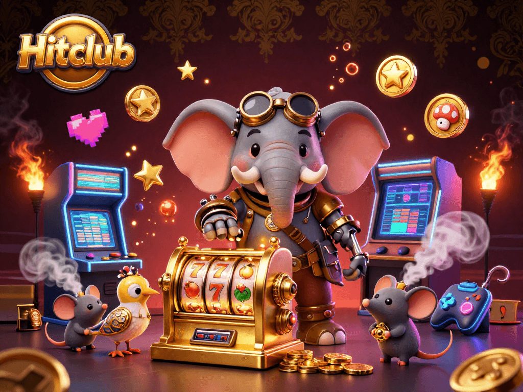 Hitclub's vibrant gaming scene showcases a steampunk elephant engineer celebrating a jackpot win.