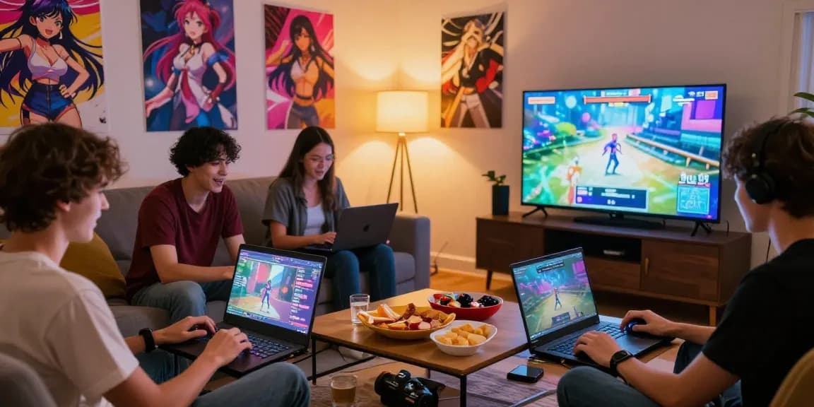 Playing hentai games in a vibrant living room setting with friends