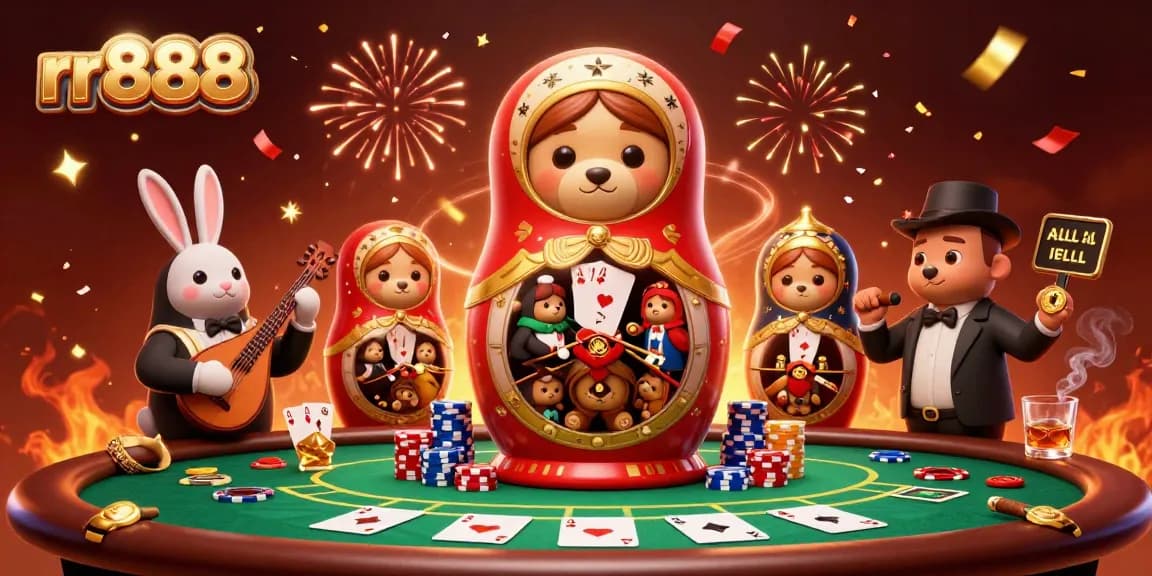 Experience exhilarating gaming action with rr888 as playful bears in dealer outfits surround a vibrant poker scene.