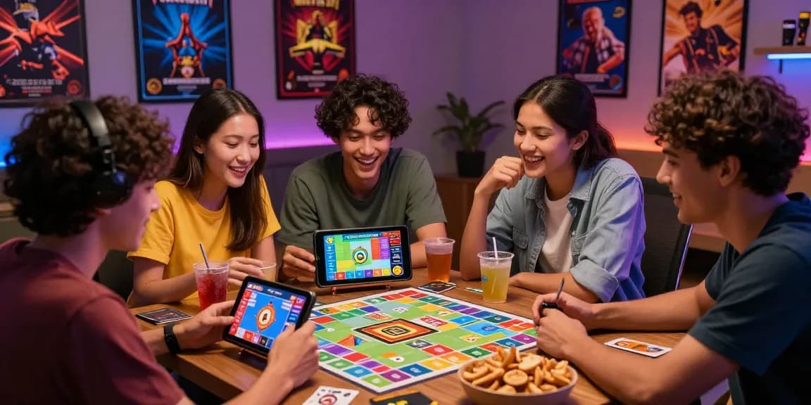 Exciting scene of friends playing Card Rummy together, showcasing the app link on a mobile device.