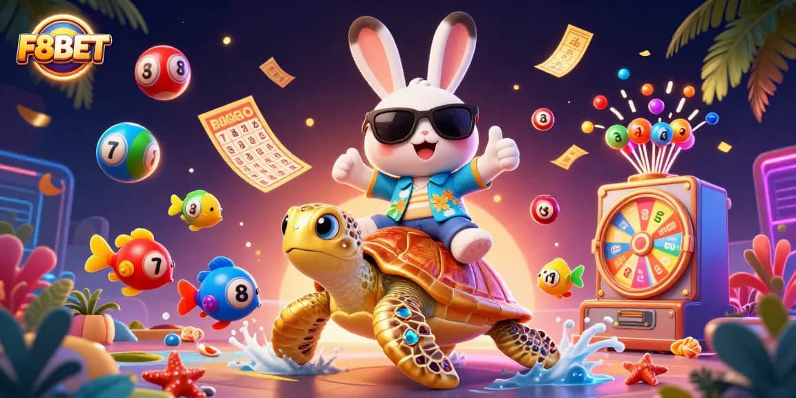 Join F8BET gaming excitement with a lucky rabbit on a golden turtle amidst vibrant lottery elements.