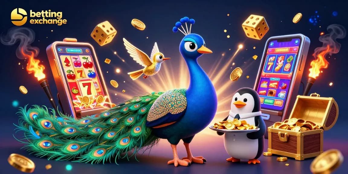 Engage with the vibrant betting exchange scene showcasing a peacock, penguin, and hummingbird amidst casino excitement.