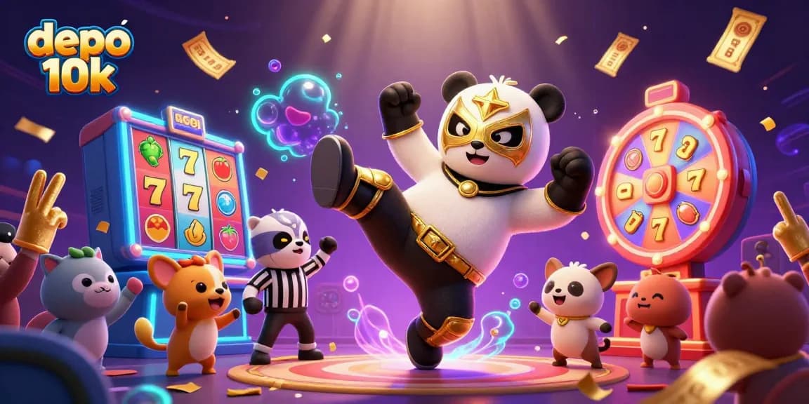 Experience the excitement of depo 10k slot games with a dynamic scene featuring a golden lucha libre panda kicking, vibrant slots, and lively animal spectators.