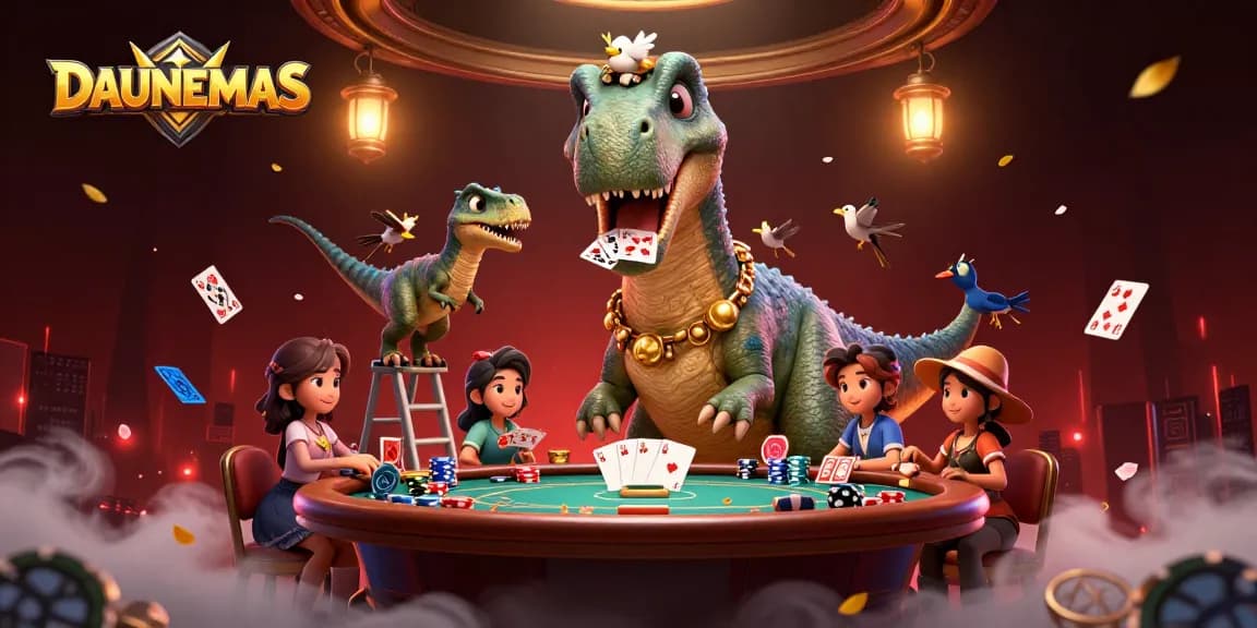 Players strategize at DAUNEMAS poker tables featuring cartoon dinosaurs in action.