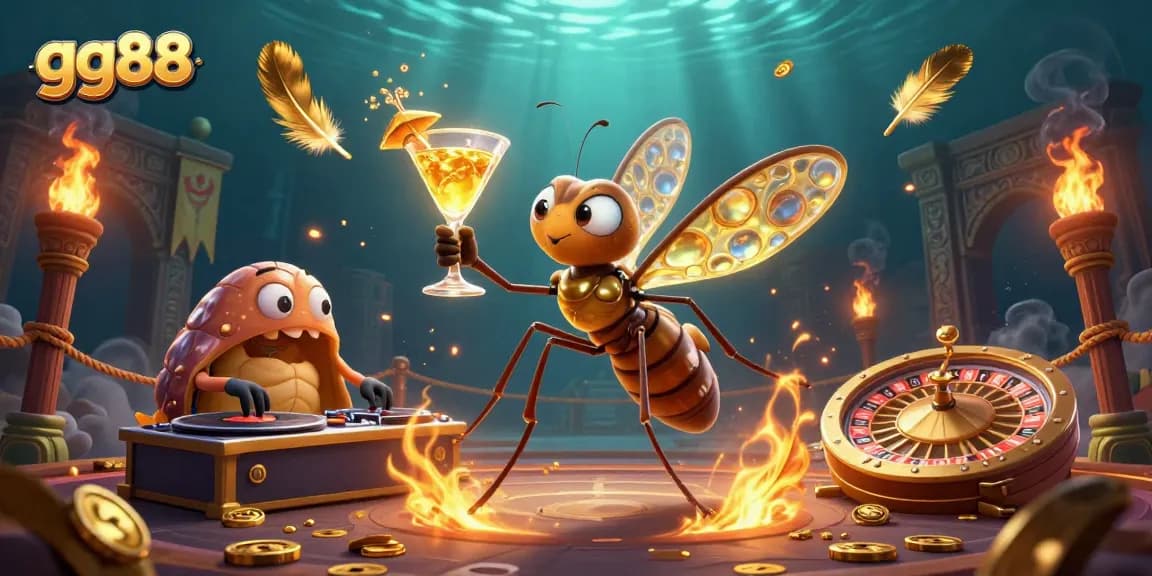 Experience thrilling gambling fun with gg88 as a mosquito mascot and a trilobite DJ in a vibrant casino atmosphere.