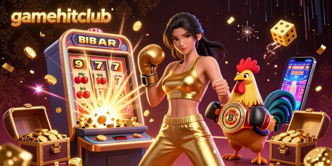 Enhance your gaming with gamehitclub's vibrant casino illustration showcasing dynamic characters and slot machine excitement.