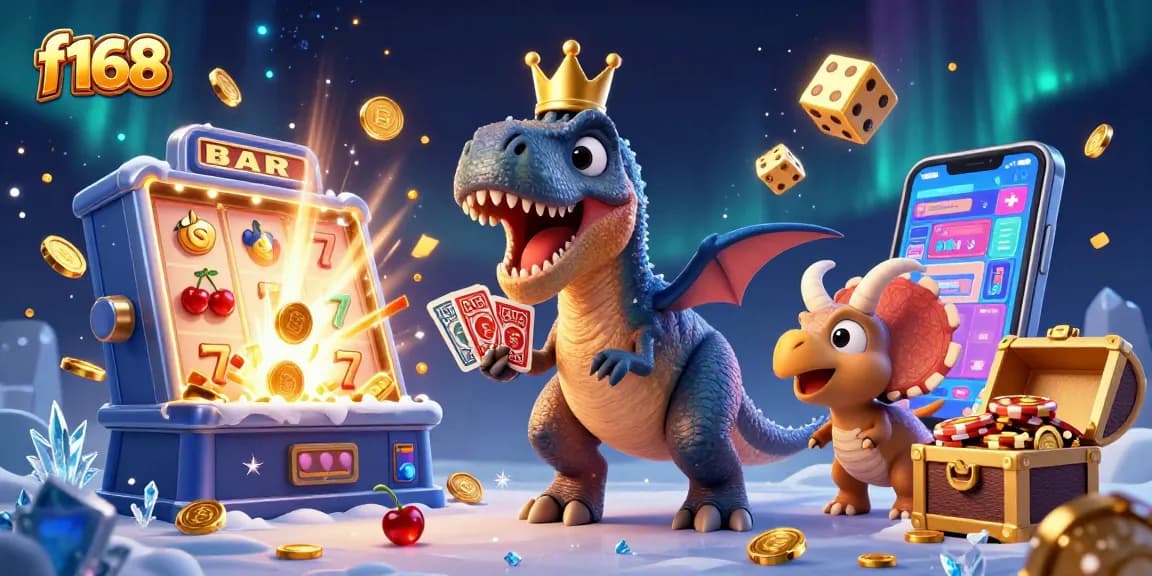 Experience the fun with f168 as the T-Rex shuffles cards while friends gather chips amidst casino excitement.