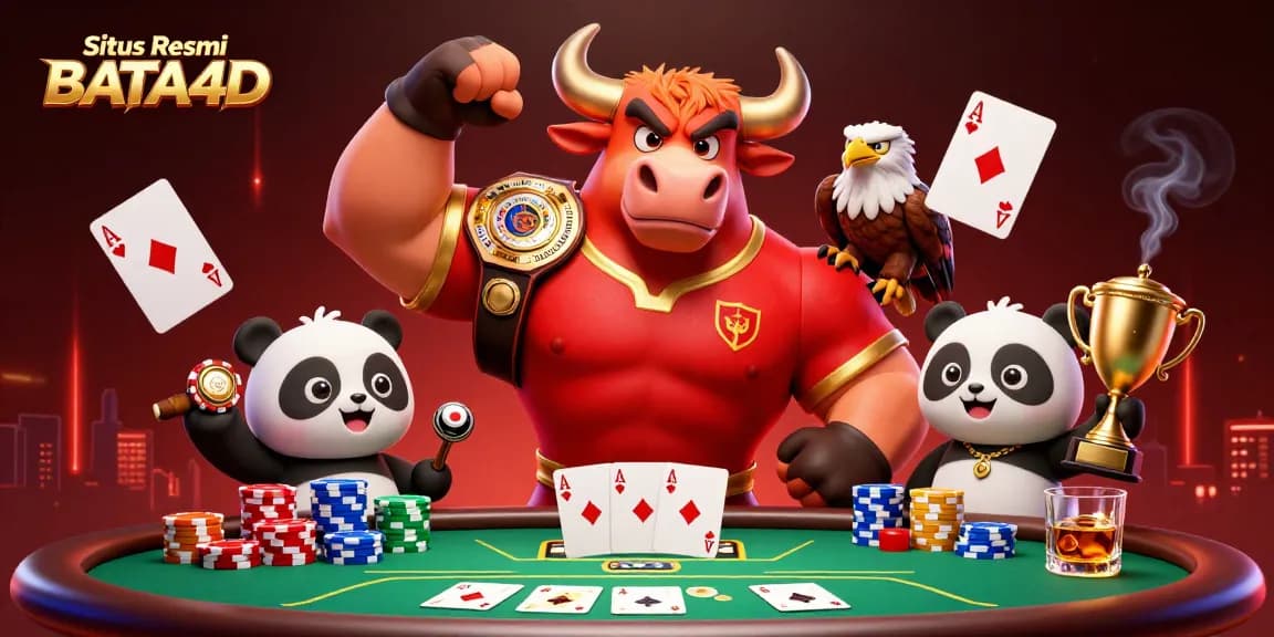 Gambaran menarik di Situs Resmi BATA4D dengan karakter kasino ikonik merayakan kemenangan di meja poker.