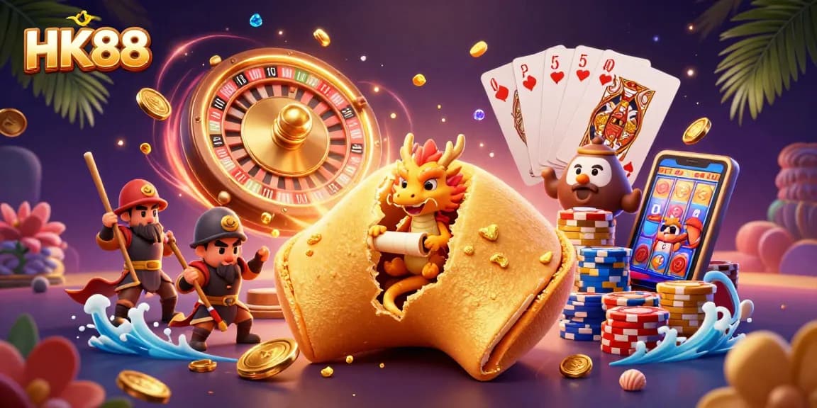 Experience thrilling wins at HK88 with a vibrant 3D casino scene bursting with golden treasures and gaming elements.