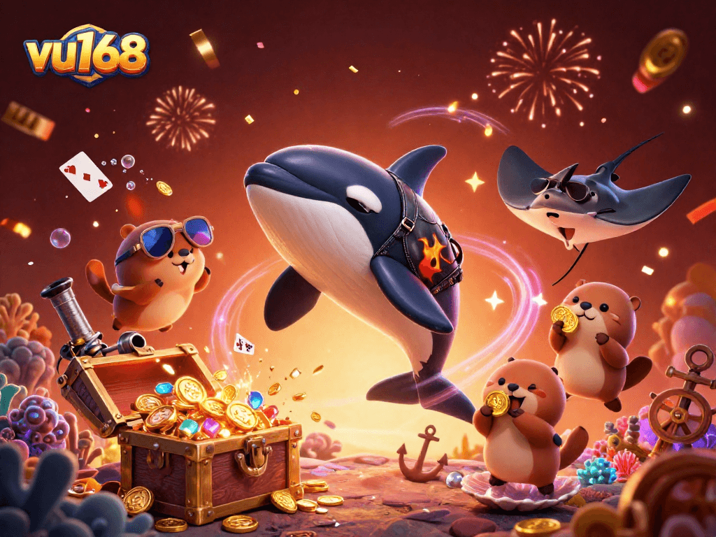 Engage with thrilling casino action at vu168, featuring vibrant underwater characters celebrating with gold coins.