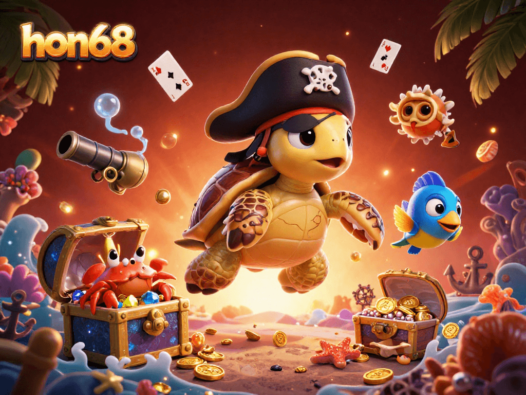 Join the thrilling adventure at hon68, where pirate turtles and treasure await in a vibrant underwater casino scene.