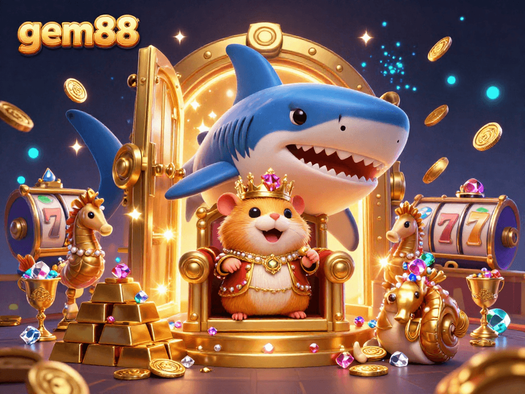 Experience gem88's vibrant casino adventure with a golden hamster king on a megalodon throne.