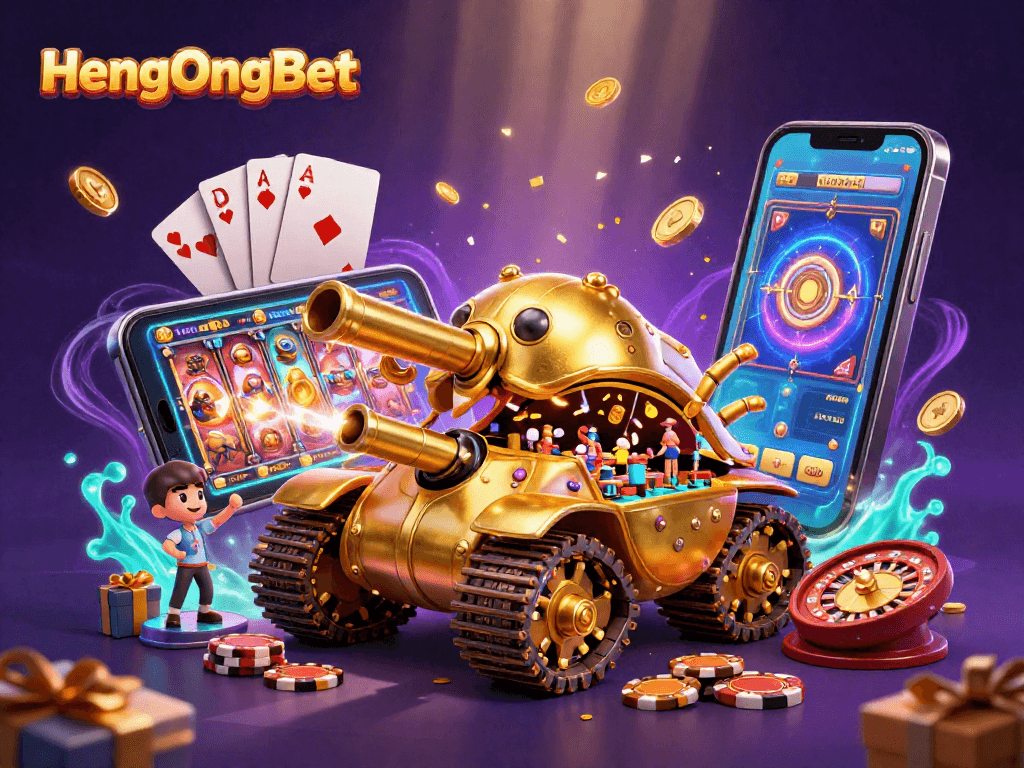 Experience HengOngBet's thrilling casino magic with confetti cannons and vibrant game elements.