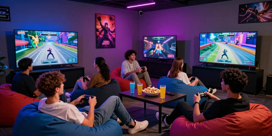 Friends enjoying a lively gaming session at a hit club, vibrant atmosphere.
