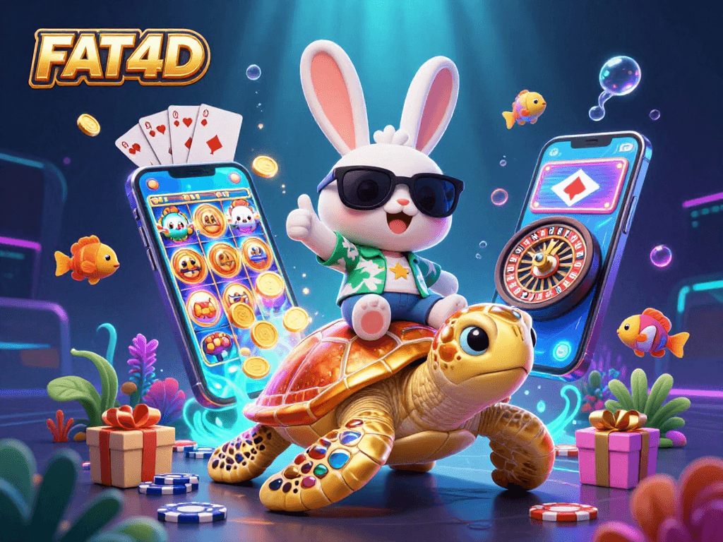 Experience the ultimate winning chances on FAT4D with vibrant slot games, golden coins, and an adorable lucky rabbit.
