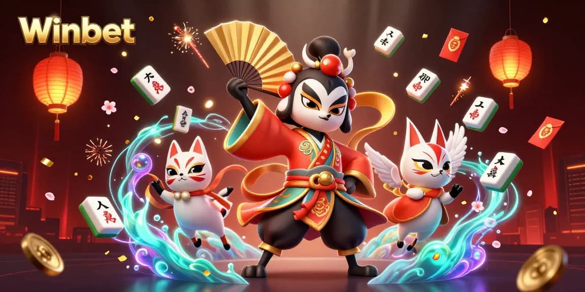 Winbet showcases a vibrant 3D casino scene with lucky symbols and characters in dynamic action.