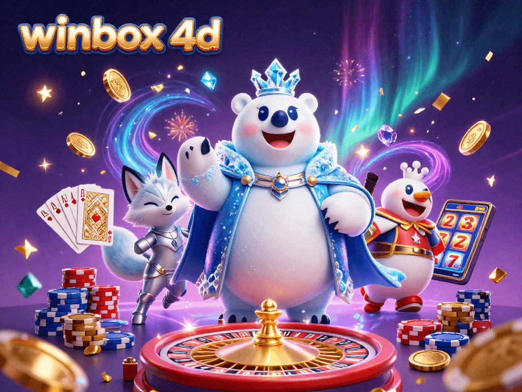 Winbox 4D illustration featuring the ice king polar bear, snow fox, and casino elements for an exciting gaming experience.