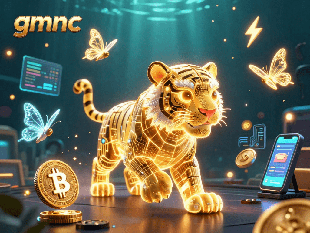 Experience the excitement of gmnc through a vibrant illustration featuring a neon-wireframe tiger amidst a digital casino.