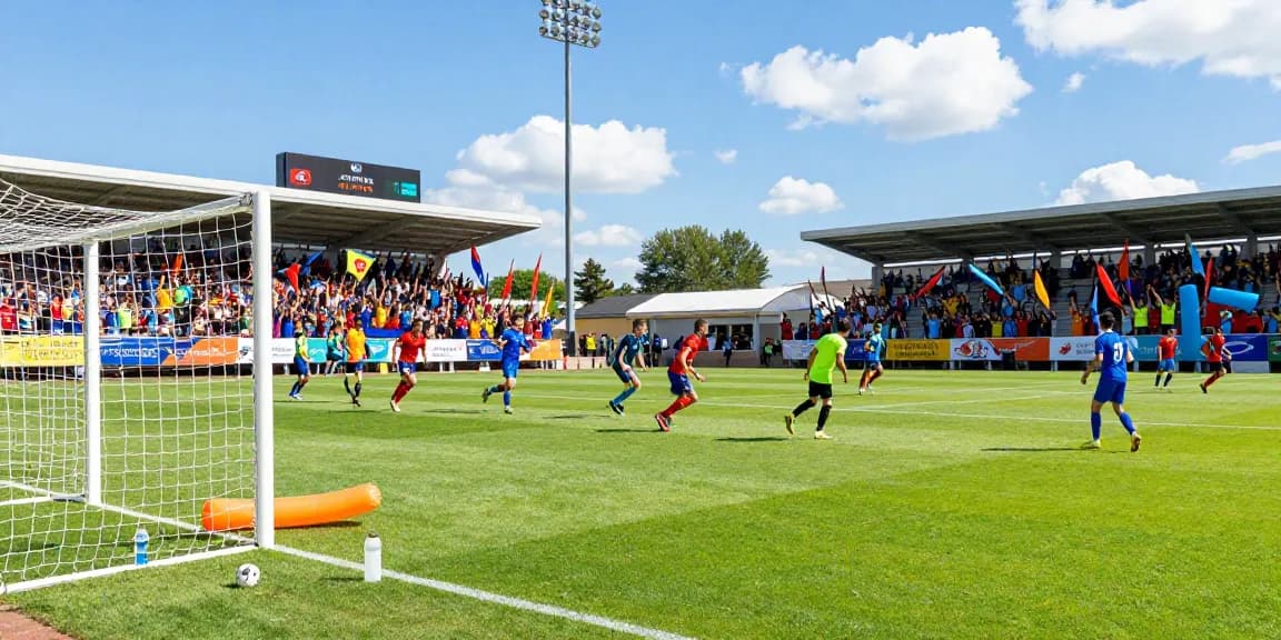 Exciting atmosphere at a live soccer match, showcasing the thrill of زيارة موقع كورة with fans cheering and players on the field.