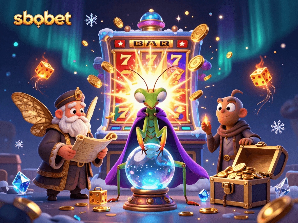 Engage with sbobet's thrilling experience featuring a mystical fortune teller predicting wins amidst a jackpot bursting with excitement.