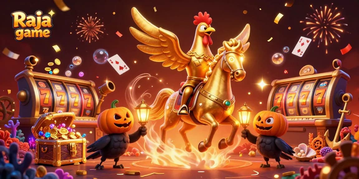 Experience thrilling casino action with Raja game’s exciting slots and vibrant characters under a midnight glow.