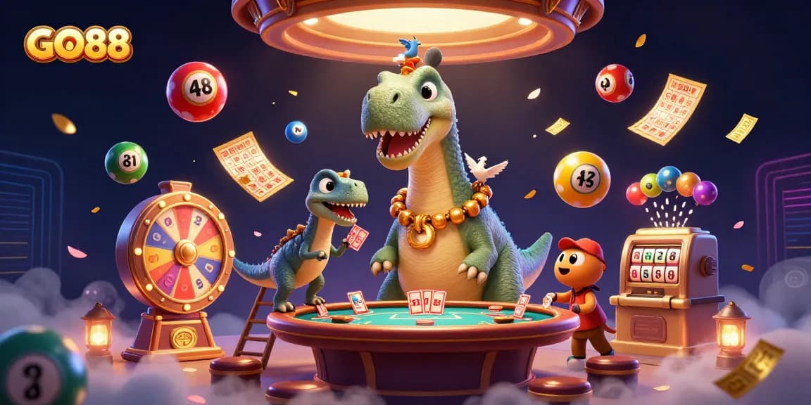 Experience the excitement of GO88 with a vibrant 3D casino illustration of unique characters and bustling game elements.