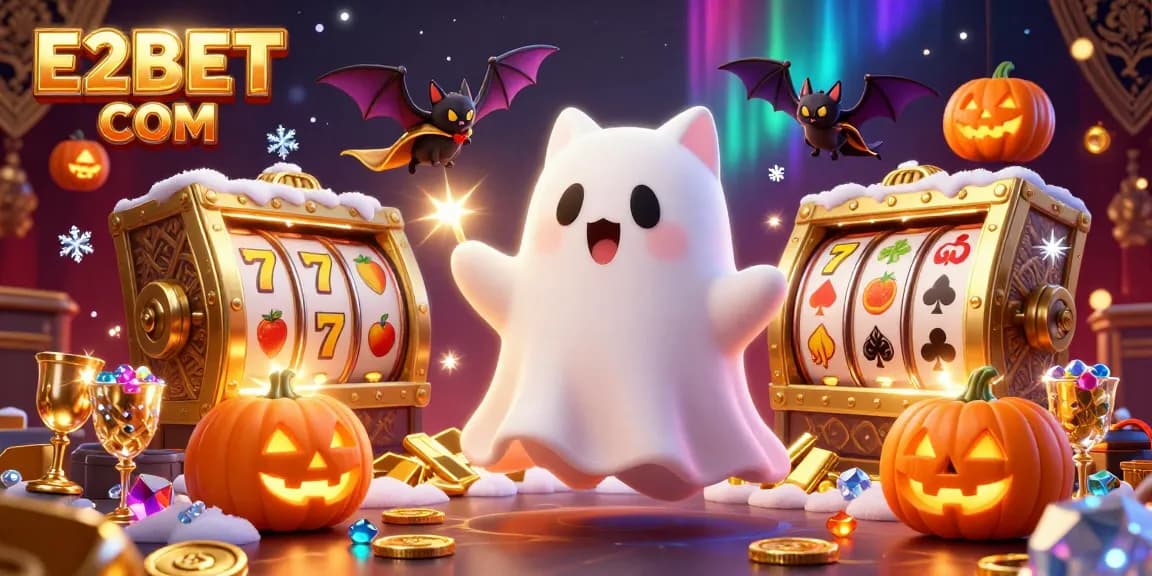 Experience thrilling gaming with E2BET COM in a vibrant casino scene featuring a ghost cat and vampire bat.