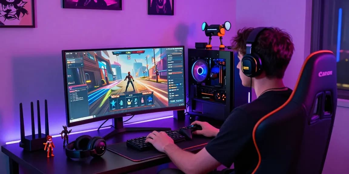 Gamer engaged in 99ab-game with vibrant setup and dynamic RGB lighting.
