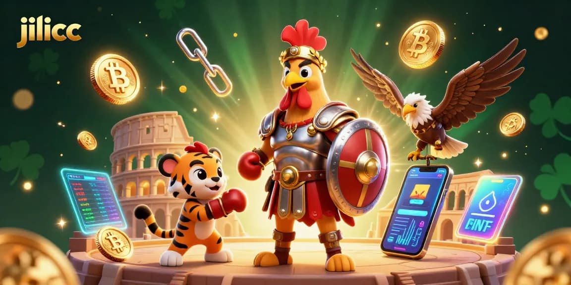 Experience thrilling gameplay at jilicc with a dynamic scene featuring an exciting gladiatorial rooster and digital gaming elements.