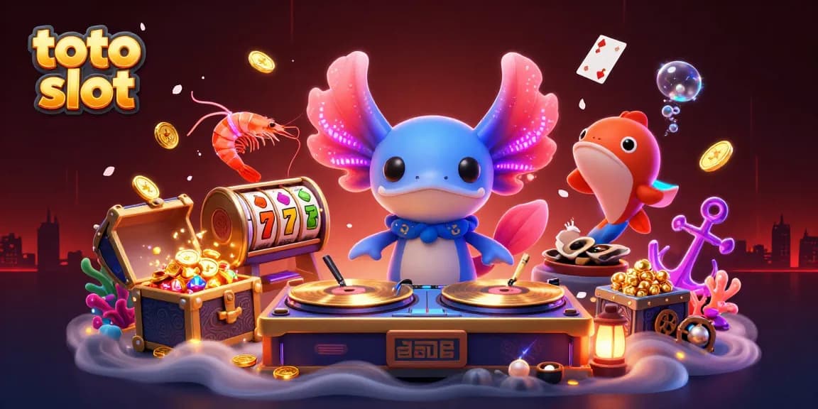 Engage in toto slot excitement with a vibrant axolotl DJ and colorful underwater casino elements.