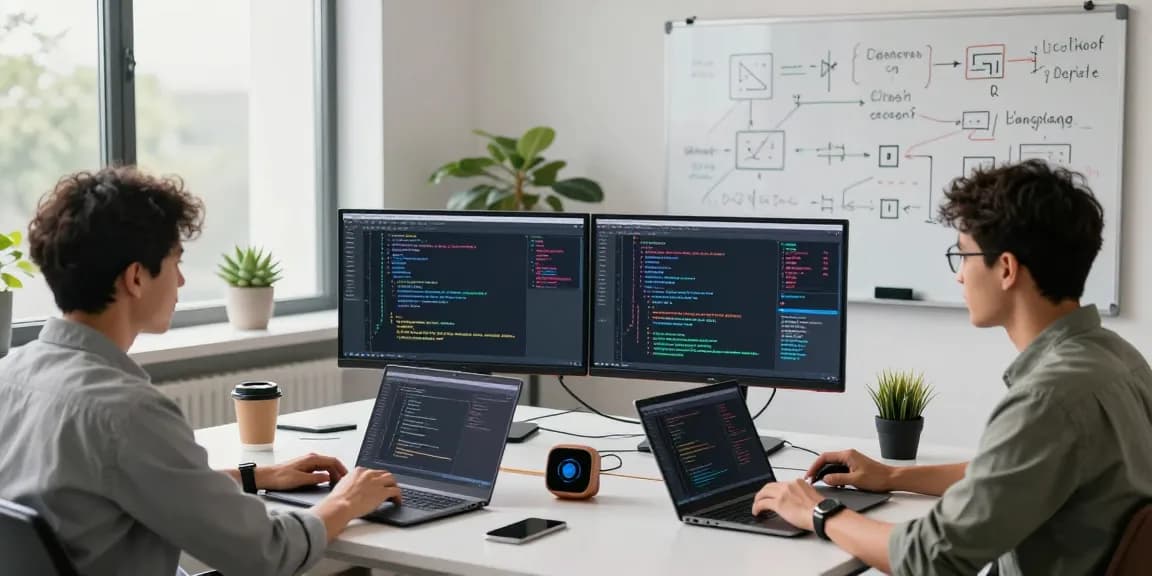 Team analyzing large language models in a vibrant tech workspace with data visualizations and innovative discussions.