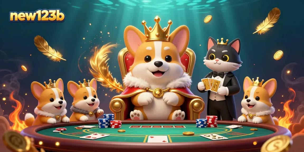 Experience thrilling play at new123b with a royal corgi atop a poker throne, surrounded by dynamic casino elements.
