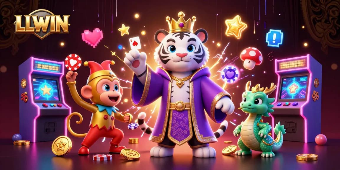 LLWIN offers a vibrant casino experience with a scene featuring a white tiger, monkey, and dragon surrounded by gaming icons.