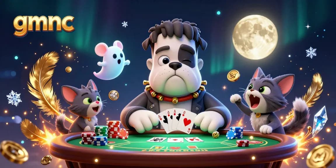 gmnc showcases a dramatic scene with a Frankenstein bulldog dealing poker cards at a spooky table.