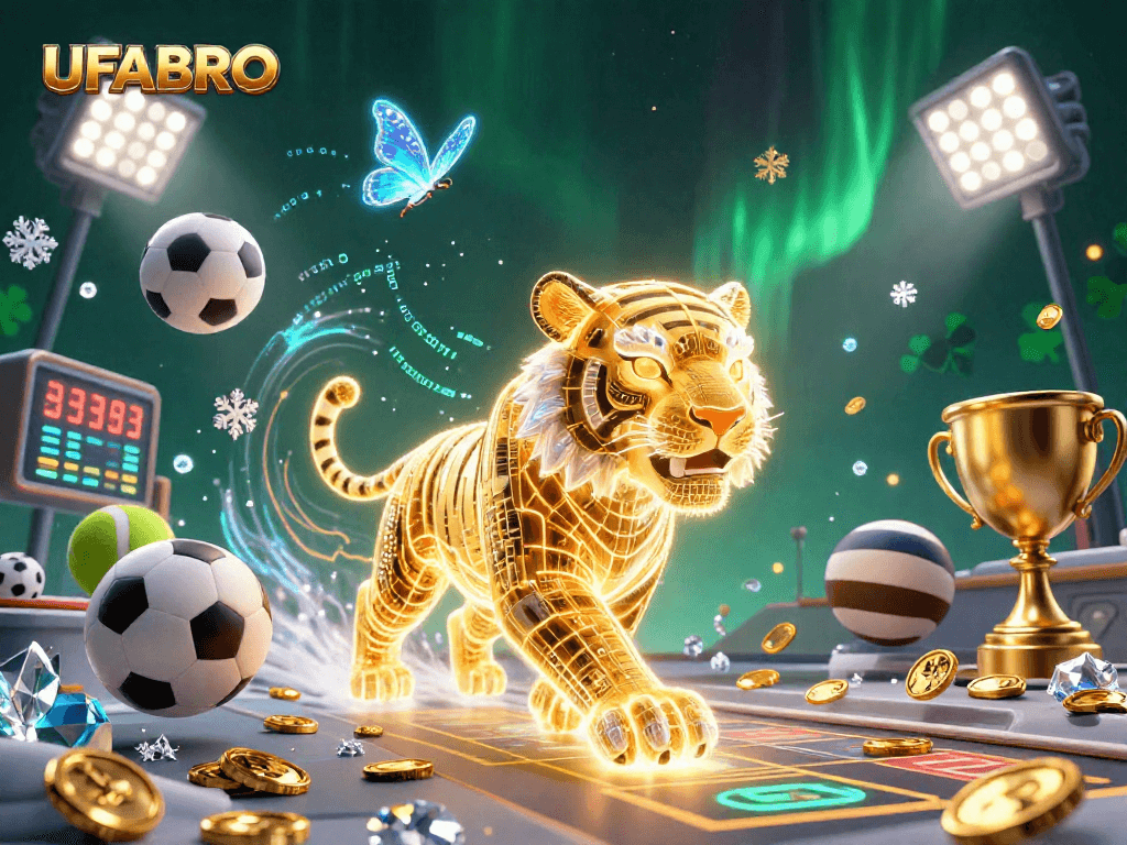 Win with UFABRO in a lively 3D casino scene with sports betting elements and vibrant colors.
