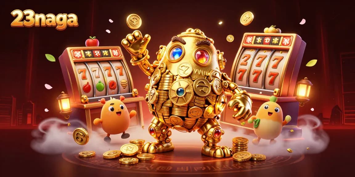Spin the reels and win big with 23naga's dynamic online slot games in this vibrant illustration.