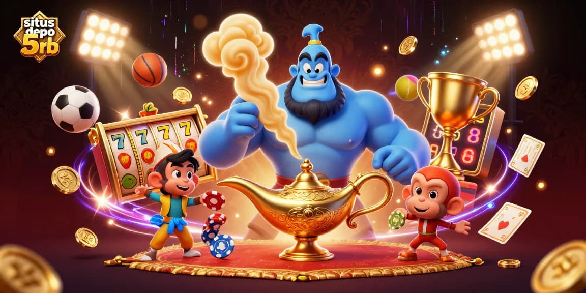 Experience situs depo 5rb with a vibrant scene featuring a genie, monkey, and magic carpet in a casino.