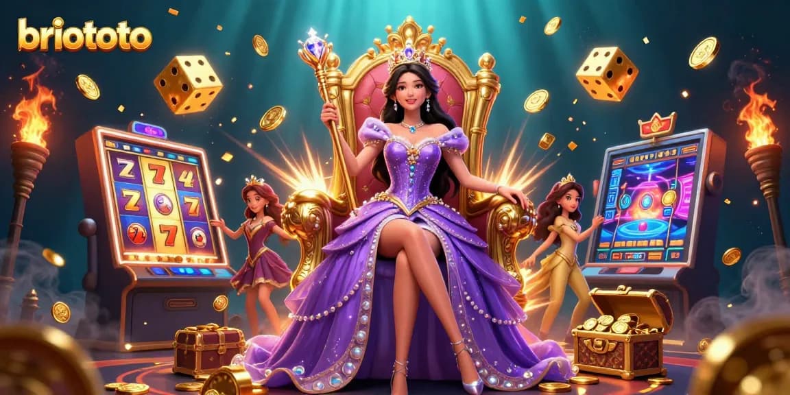 Win big with briototo at a dynamic casino scene featuring slot machines and golden treasures.