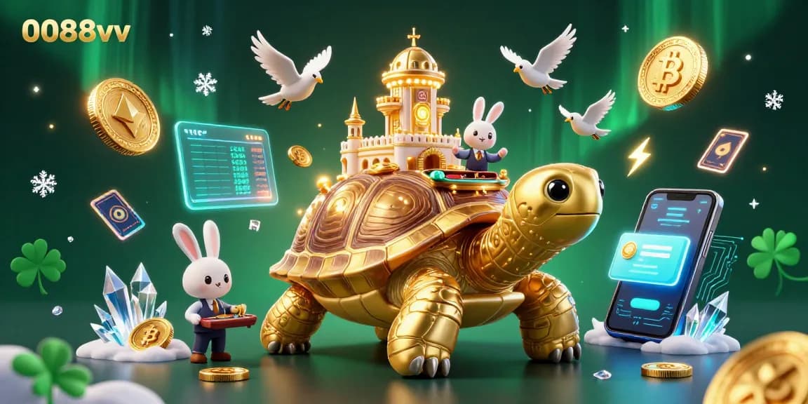 Experience the vibrant world of betting with 0088vv, featuring a dazzling casino scene with golden tortoise and coins.