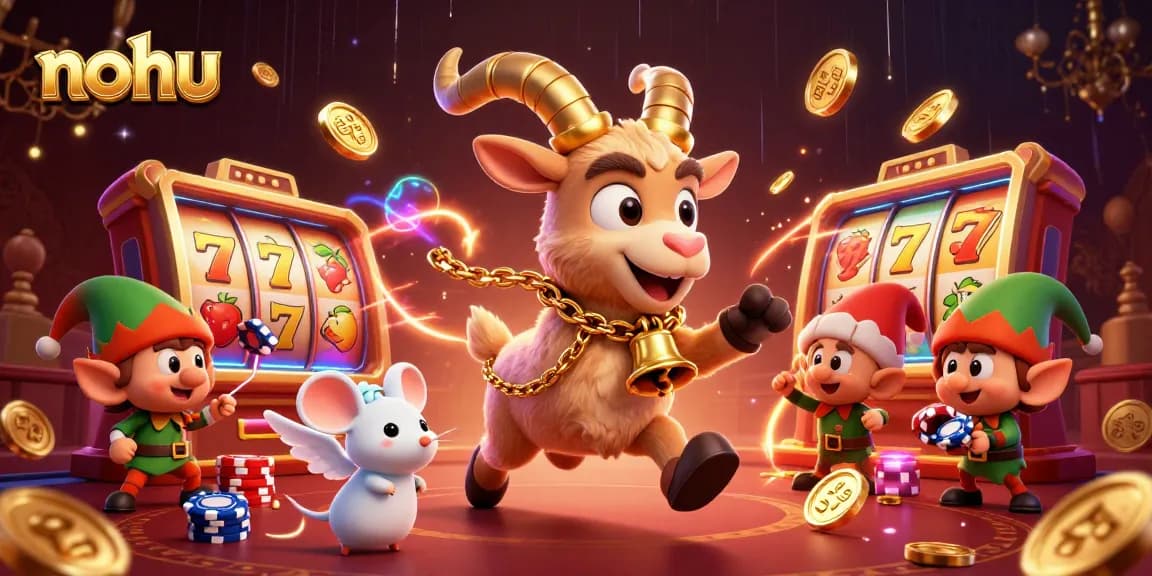 Nohu-themed cartoon casino scene featuring Krampus, mouse, and elves in a dynamic slot environment.