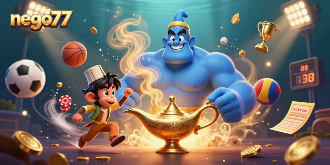 Bet on nego77 and join the thrilling action with a playful genie and dynamic sports elements in this vibrant illustration.