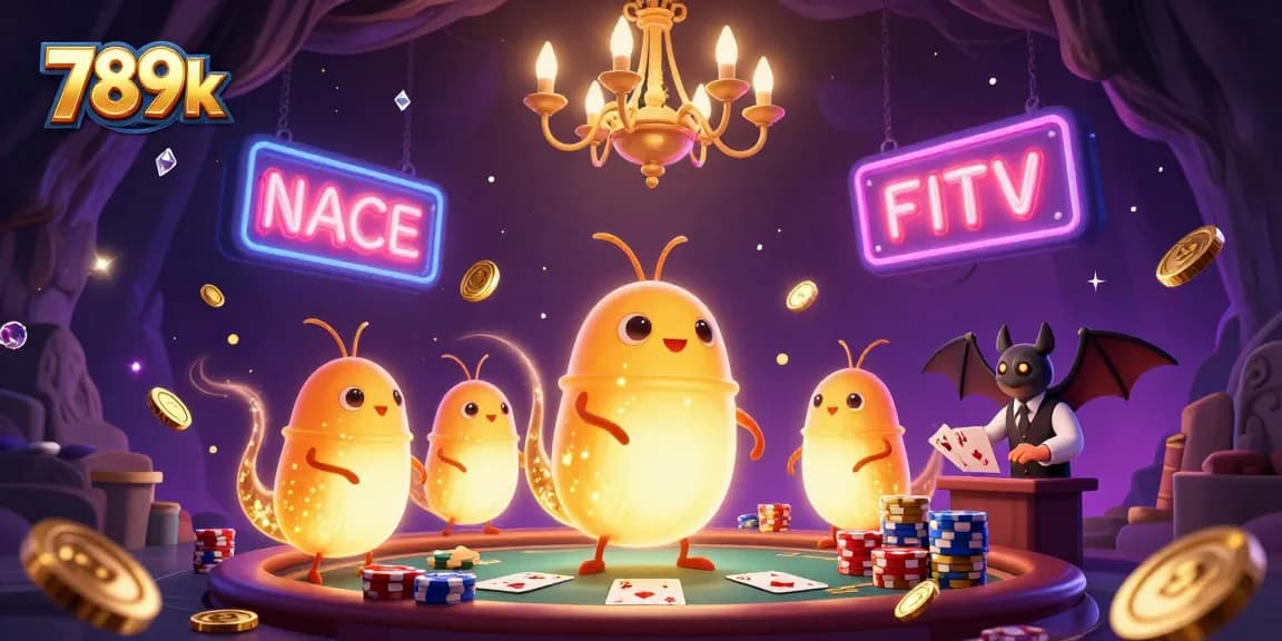 Experience the vibrant 789k casino scene, with glowing glowworms and sparkling gems illuminating a live gaming atmosphere.