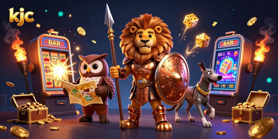 KJC players enjoy vibrant casino action with a slot machine explosion and armored characters.