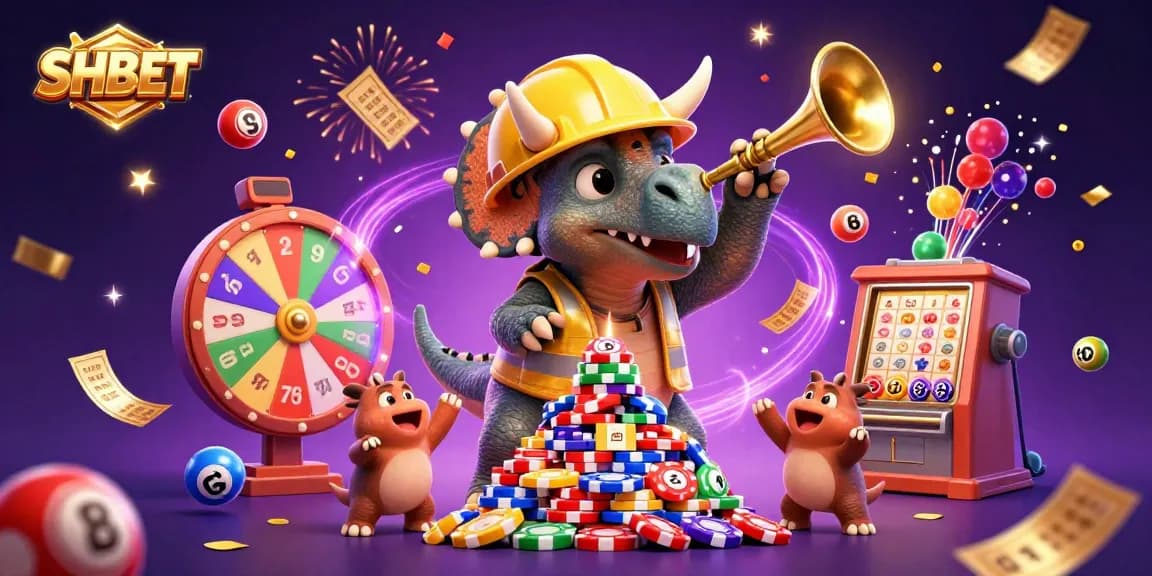 SHBET brings excitement to gamblers with a cartoon triceratops building a poker chip pyramid amidst a celebration of wins.