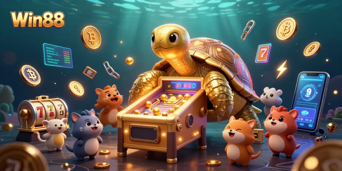 Win88 features a colossal tortoise pinball machine with excited animals playing amidst vibrant slot game elements.