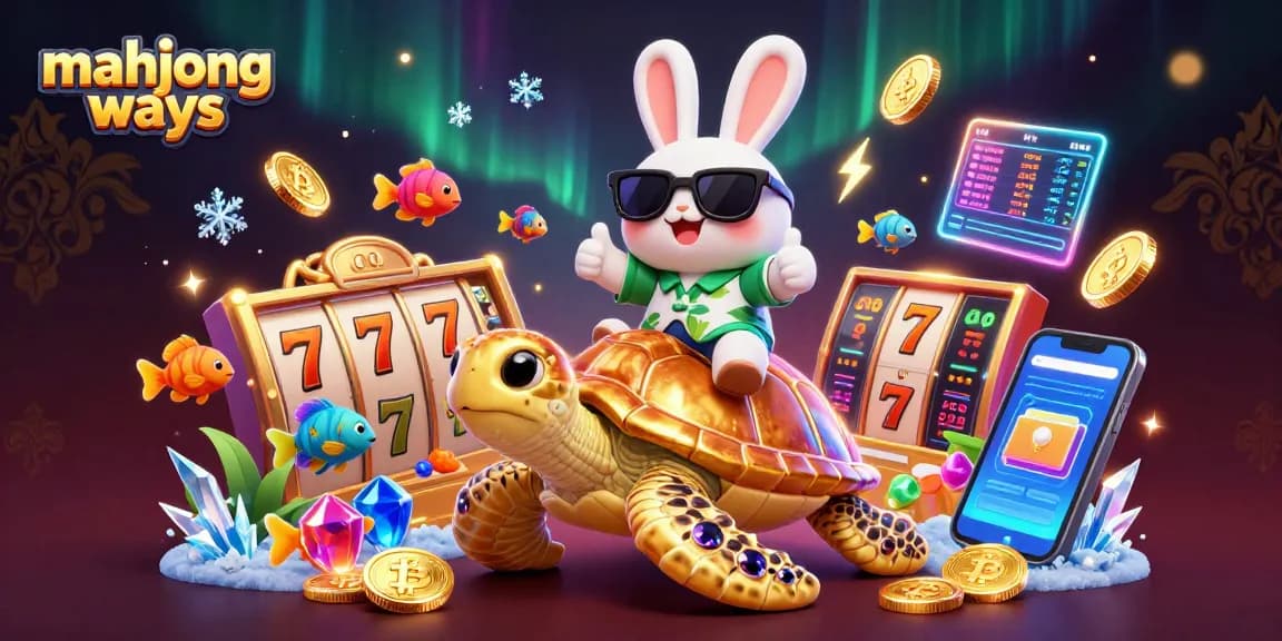 Play mahjong ways with fun as a lucky rabbit rides a golden turtle surrounded by vibrant casino elements.