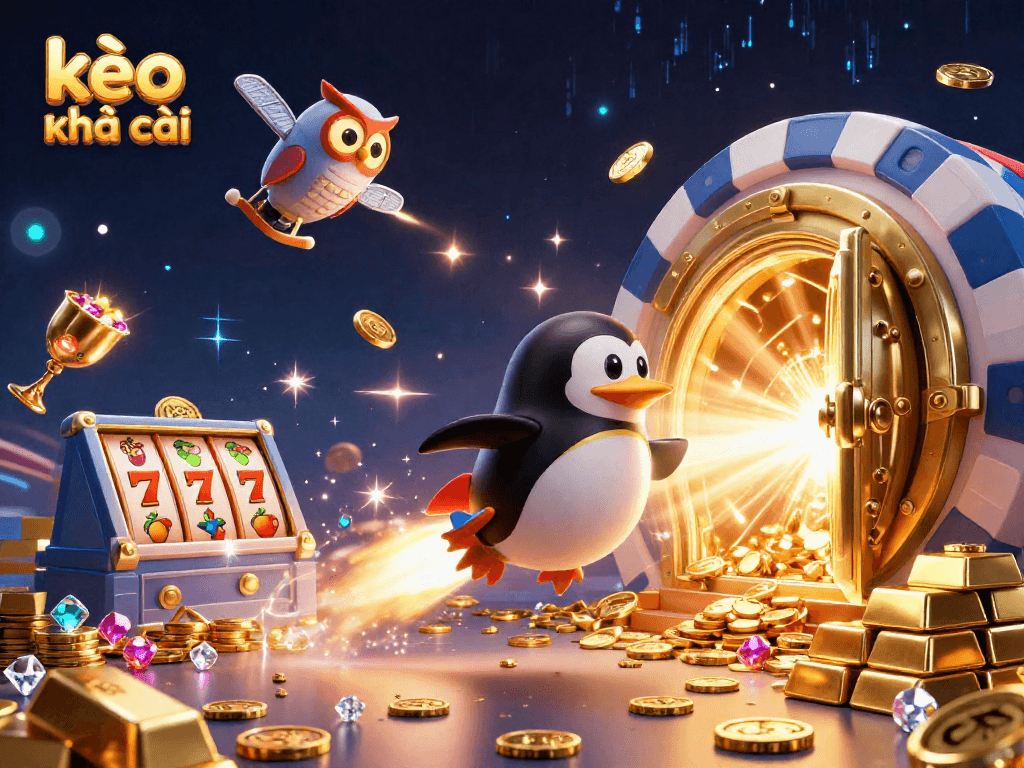Experience the thrill of kèo nhà cái with a golden penguin soaring to a casino space station, surrounded by riches.